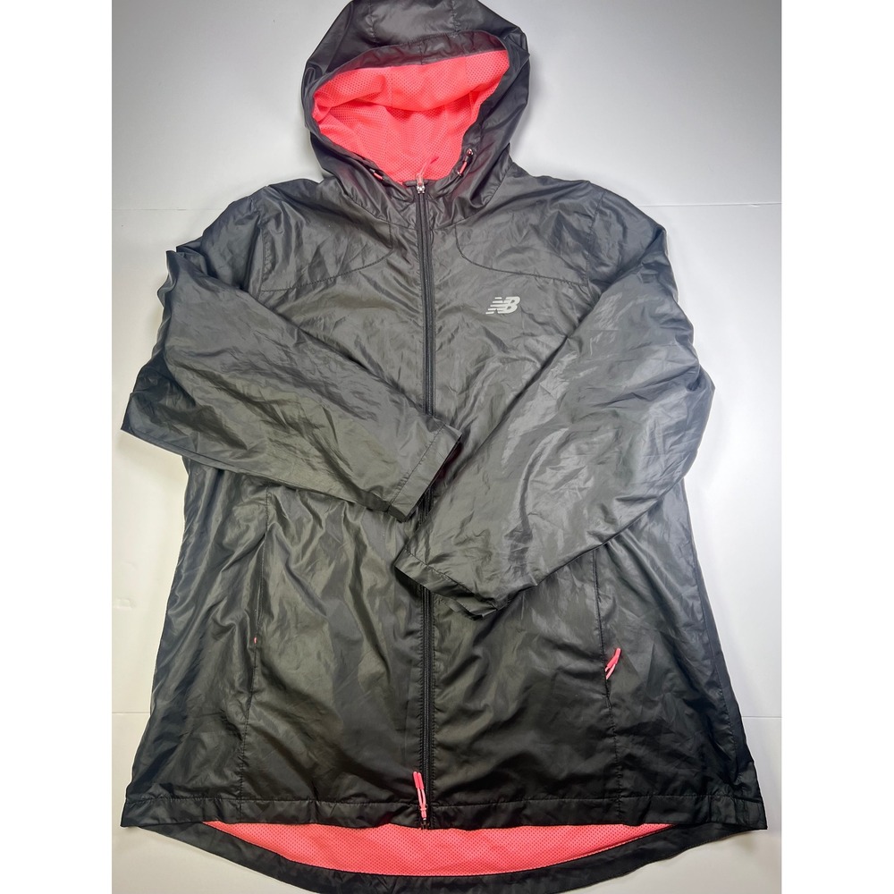 New Balance Windbreaker Jacket Womens 2X Black Pink Hooded Full Zip Mesh Lined